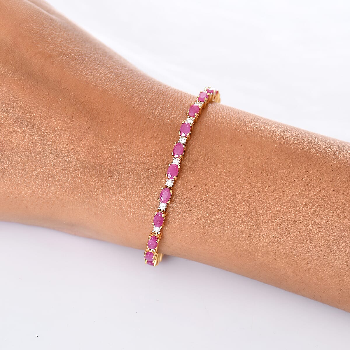 AAA Royal Ruby and Luxuriant Lab Grown Diamond 8.60 ctw Bracelet in 18K Vermeil Yellow Gold Over Sterling Silver (6.50 In) image number 2