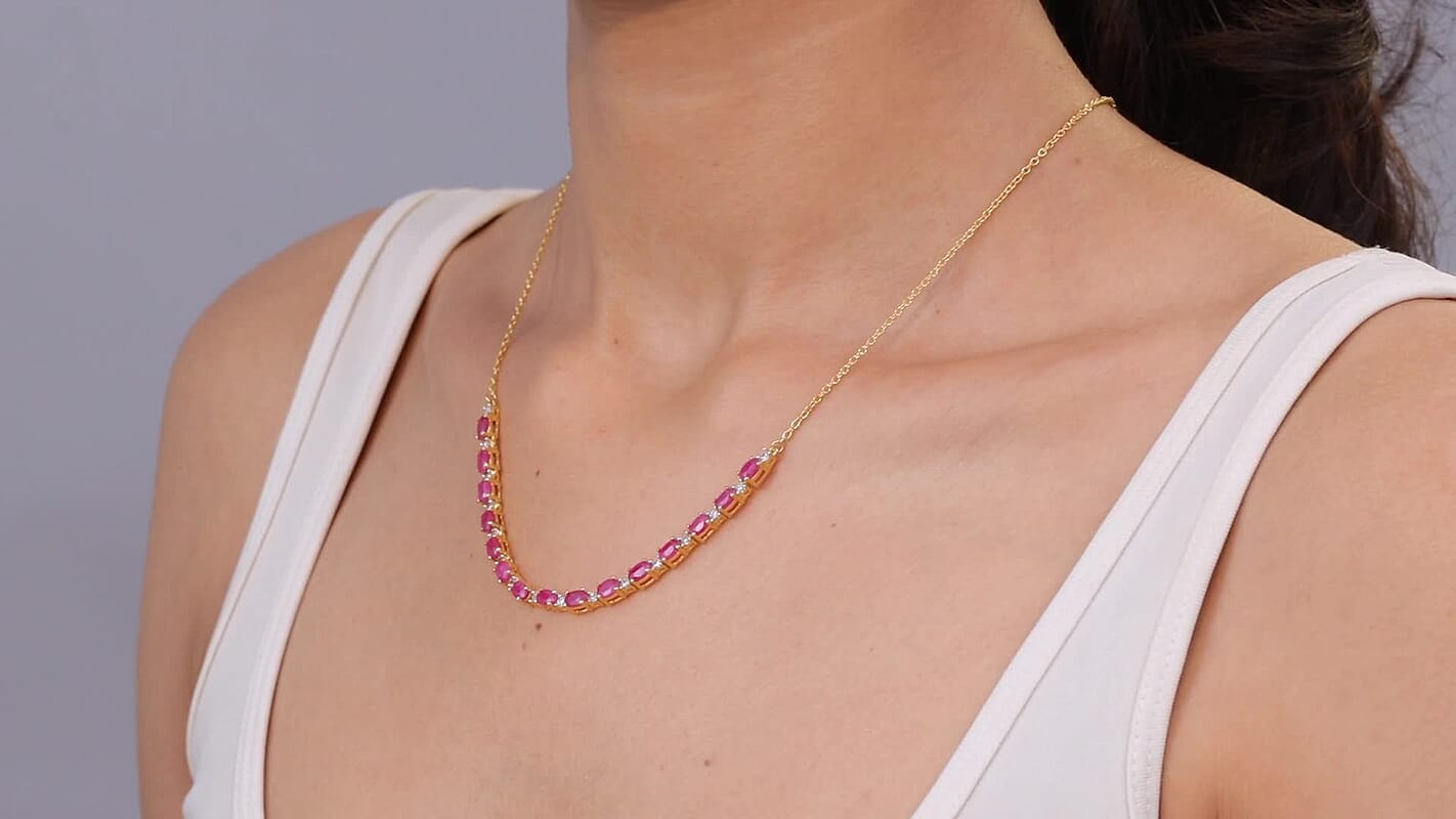 AAA Royal Ruby and Luxuriant Lab Grown Diamond G-H SI 6.10 ctw Necklace in 18K Vermeil Yellow Gold Over Sterling Silver 18 Inches