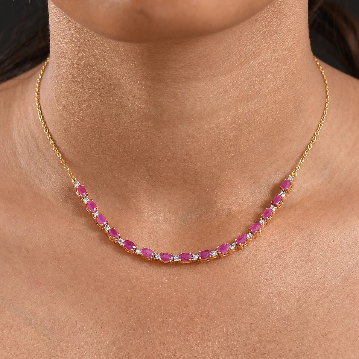 AAA Royal Ruby and Luxuriant Lab Grown Diamond G-H SI 6.10 ctw Necklace in 18K Vermeil Yellow Gold Over Sterling Silver 18 Inches image number 2