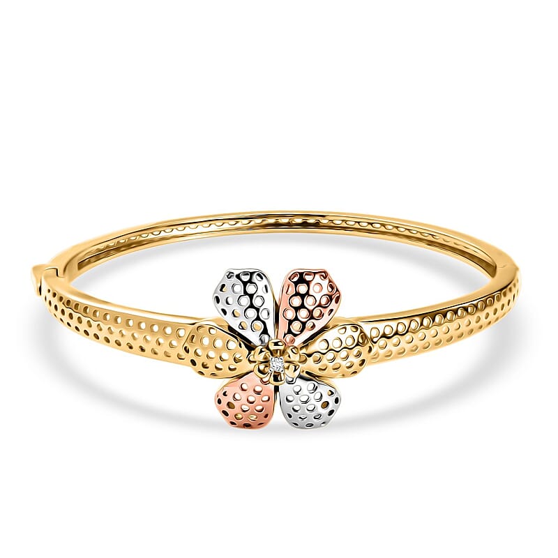D'Joy Passport to Turkey White Zircon 0.10 ctw Floral Bangle Bracelet in 18K Vermeil YRG and Rhodium Over Sterling Silver (7.25 In)