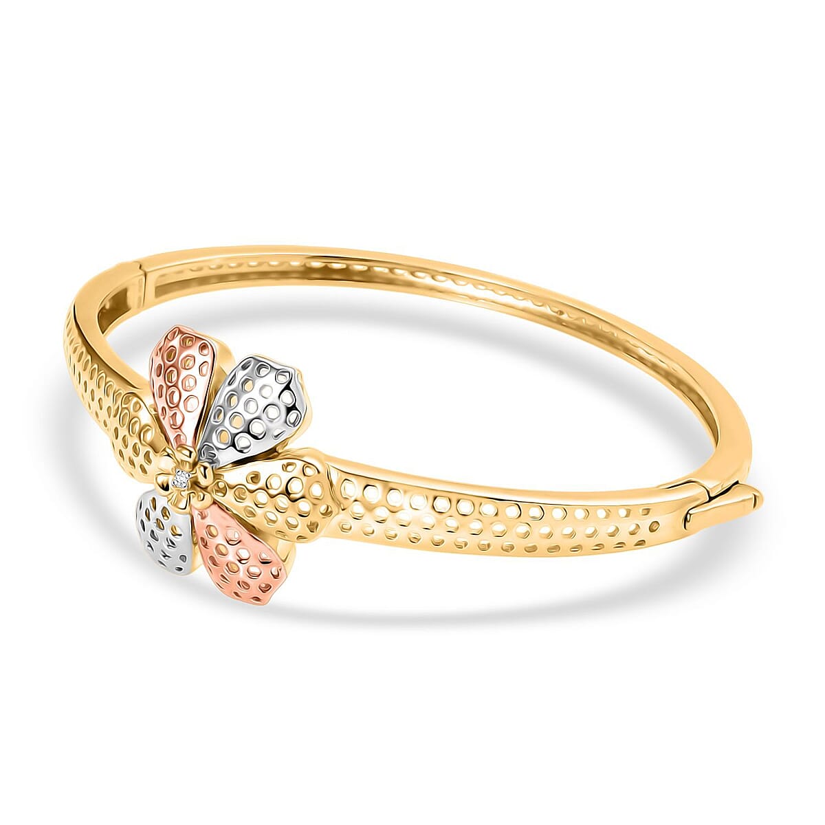 D'Joy Passport to Turkey White Zircon 0.10 ctw Floral Bangle Bracelet in 18K Vermeil YRG and Rhodium Over Sterling Silver (7.25 In) image number 3