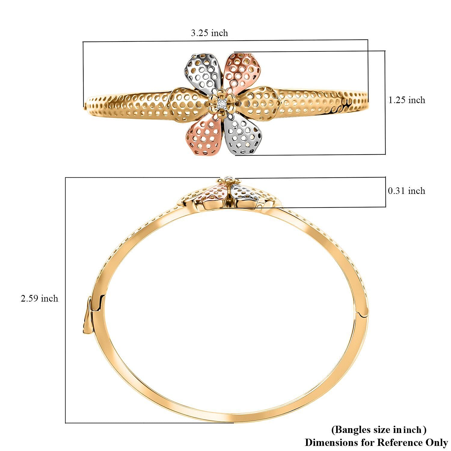 D'Joy Passport to Turkey White Zircon 0.10 ctw Floral Bangle Bracelet in 18K Vermeil YRG and Rhodium Over Sterling Silver (7.25 In)