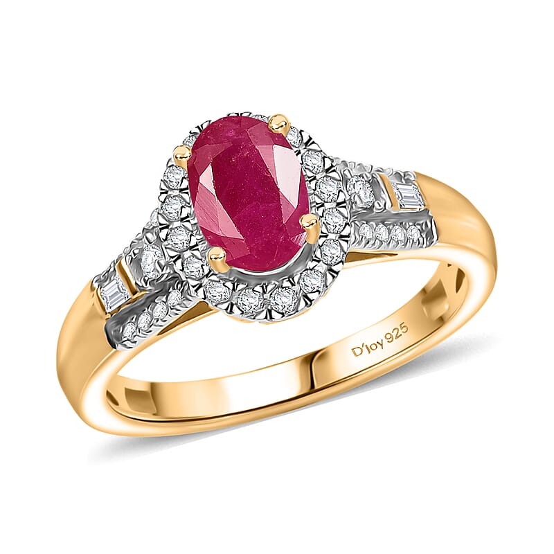 D'Joy AAA Royal Ruby and Diamond 1.50 ctw Halo Ring in 18K Vermeil Yellow Gold Over Sterling Silver (Size 10.0)