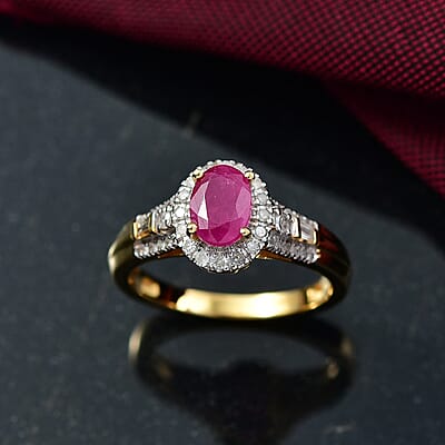 D'Joy AAA Royal Ruby and Diamond 1.50 ctw Halo Ring in 18K Vermeil Yellow Gold Over Sterling Silver (Size 10.0)