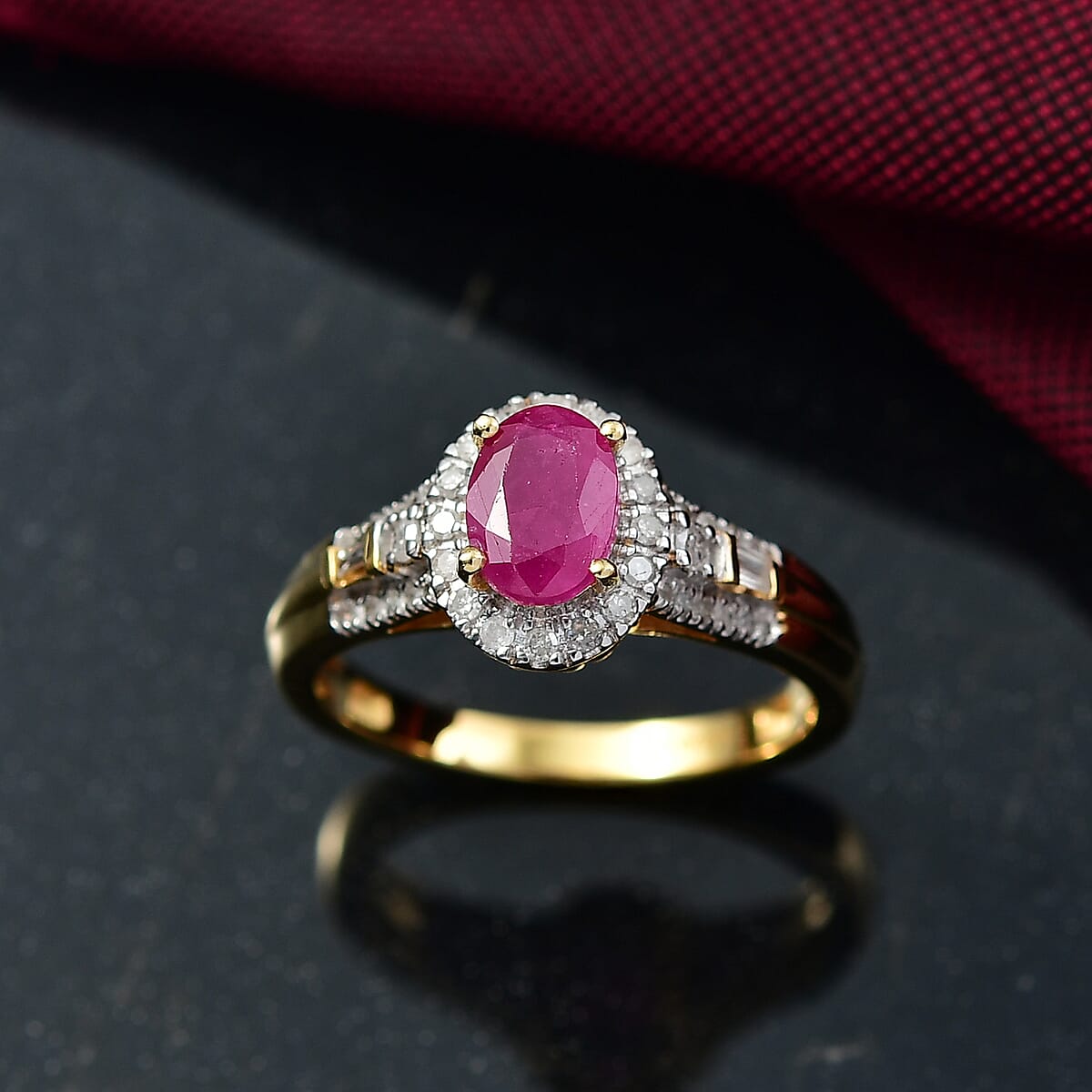 D'Joy AAA Royal Ruby and Diamond 1.50 ctw Halo Ring in 18K Vermeil Yellow Gold Over Sterling Silver (Size 6.0) image number 1