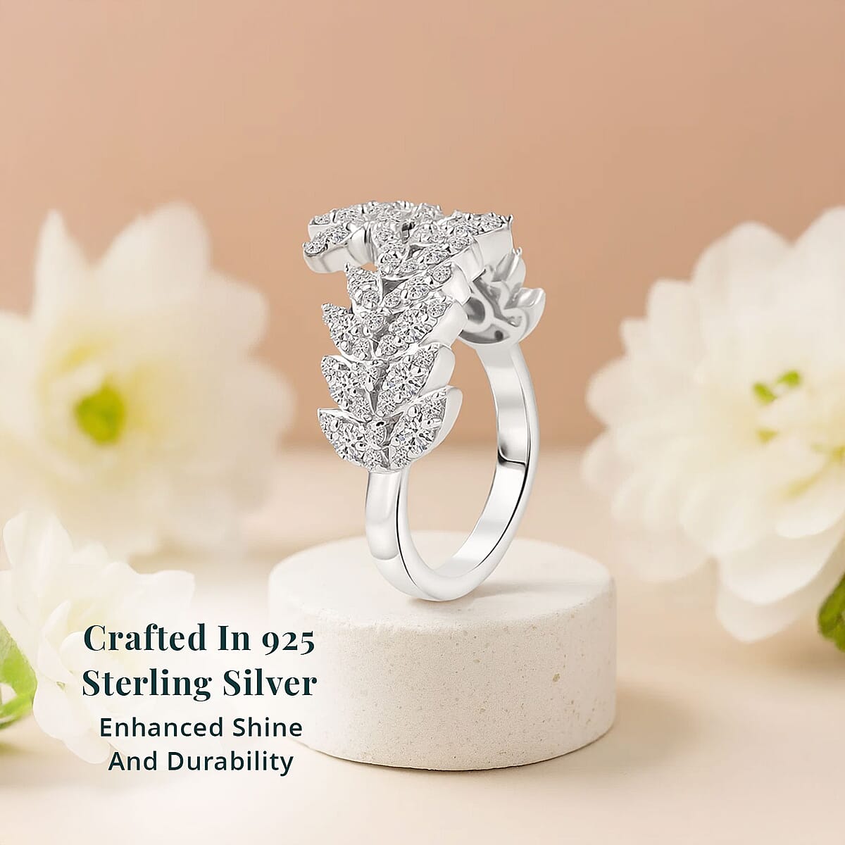 Luxuriant Lab Grown Diamond G-H SI 1.00 ctw Whispering Leaves Ring in Rhodium Over Sterling Silver (Size 7.0) image number 2