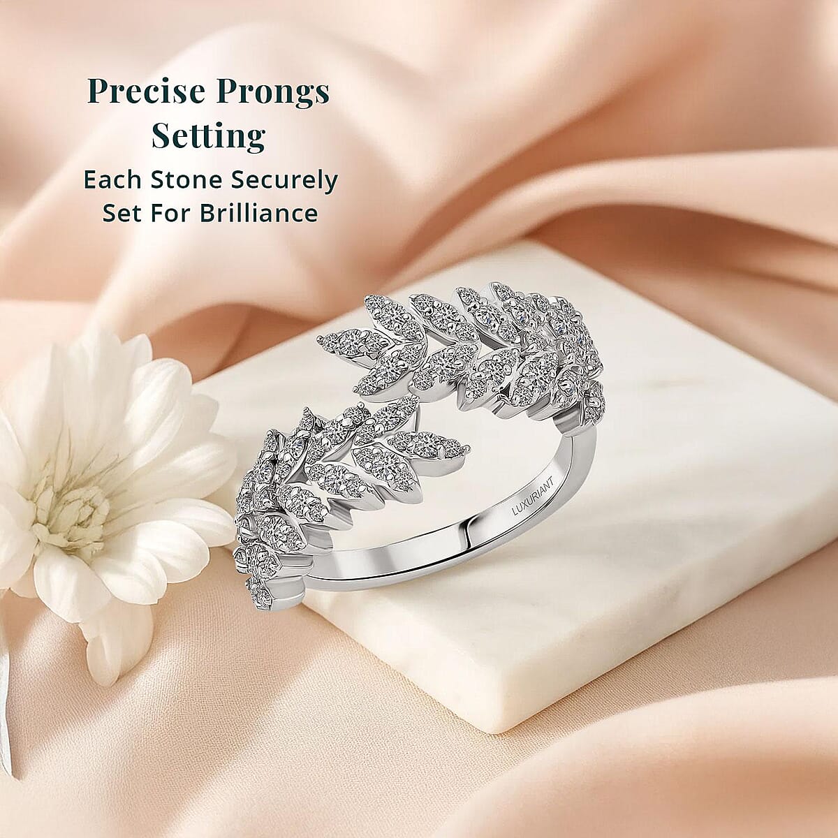 Luxuriant Lab Grown Diamond G-H SI 1.00 ctw Whispering Leaves Ring in Rhodium Over Sterling Silver (Size 7.0) image number 4