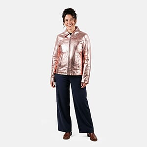 La Marey Rose Gold Metallic Genuine Leather Women's Jacket with Collar and Zip Front Closure - S