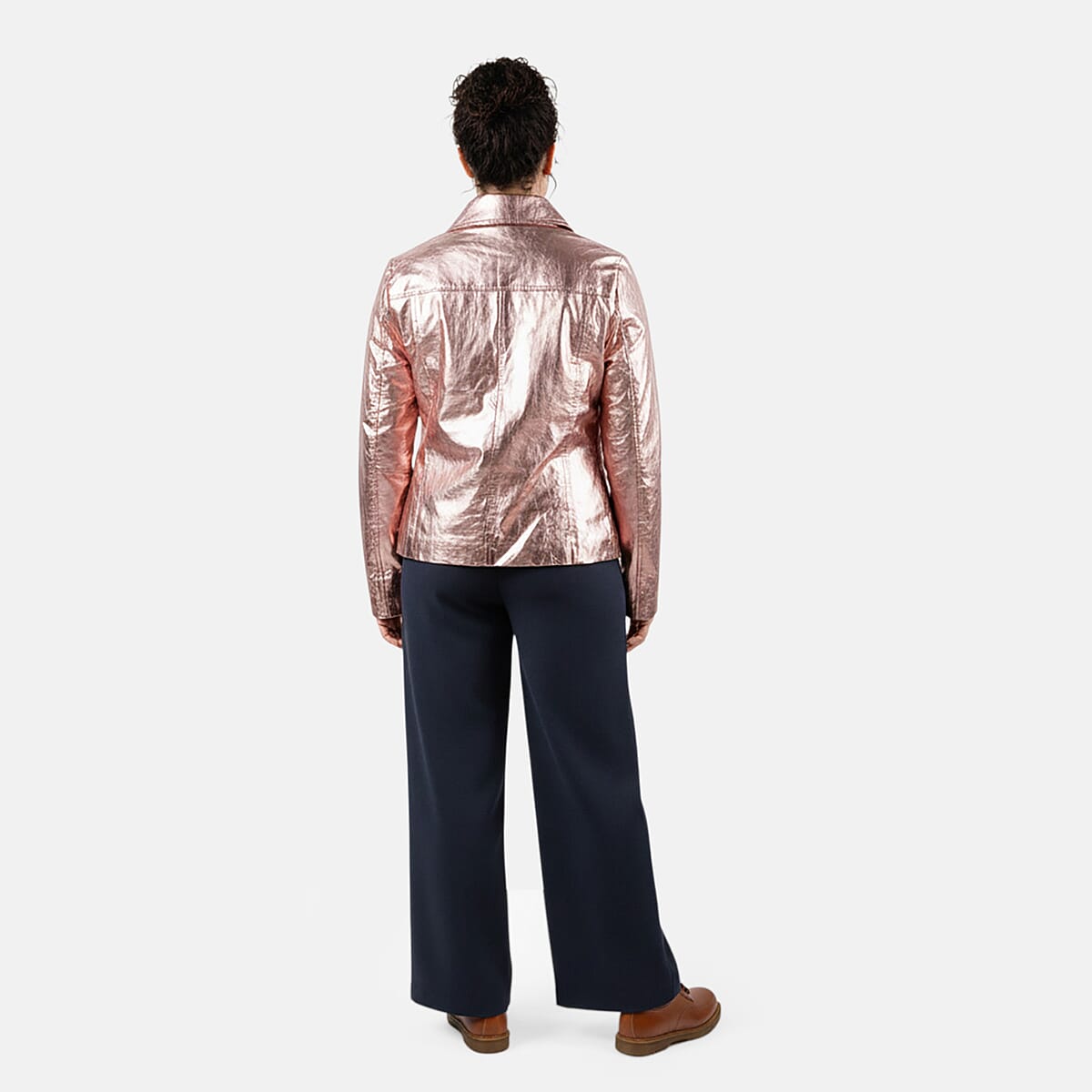 La Marey Rose Gold Metallic Genuine Leather Women's Jacket with Collar and Zip Front Closure - S image number 1