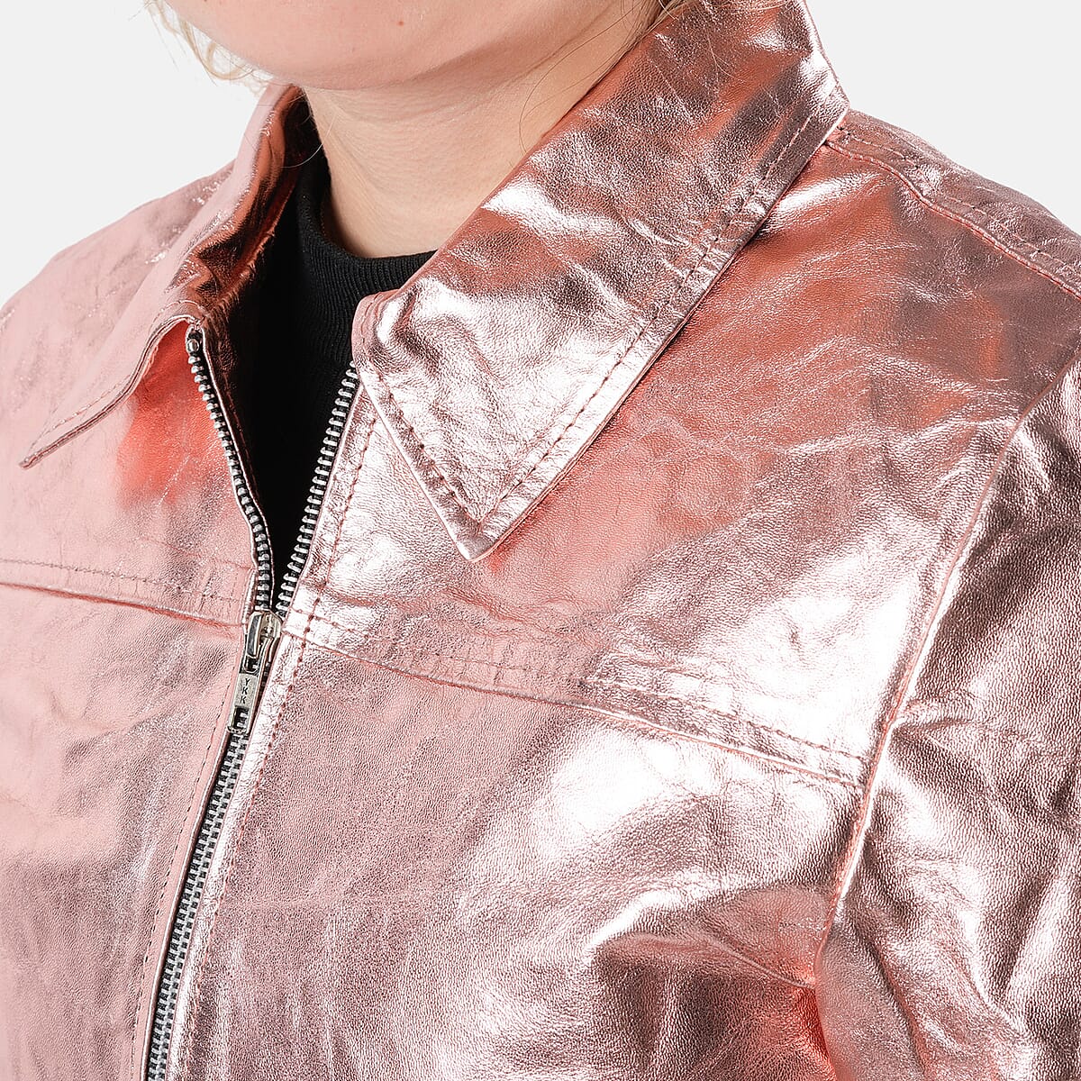 La Marey Rose Gold Metallic Genuine Leather Women's Jacket with Collar and Zip Front Closure - S image number 3
