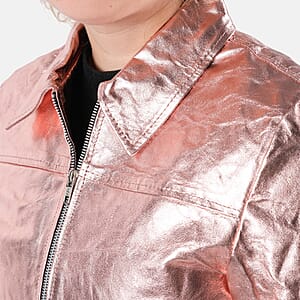 Doorbuster La Marey Rose Gold Metallic Genuine Leather Women's Jacket with Collar and Zip Front Closure - S