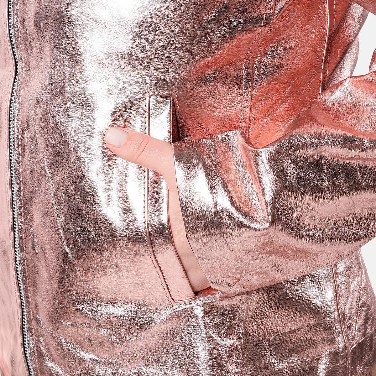 La Marey Rose Gold Metallic Genuine Leather Women's Jacket with Collar and Zip Front Closure - S image number 4