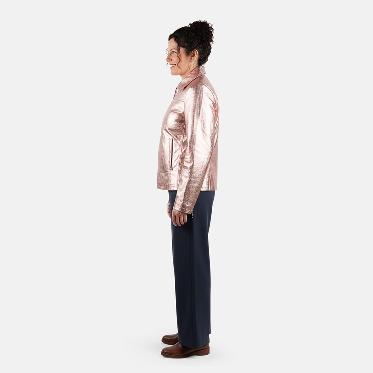  La Marey Rose Gold Metallic Genuine Leather Women's Jacket with Collar and Zip Front Closure - L image number 2