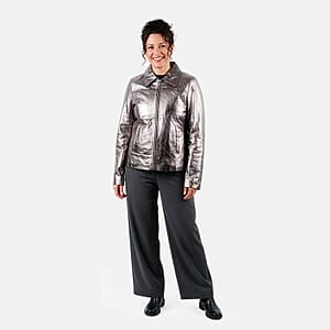  La Marey Pewter Metallic Genuine Leather Women's Jacket with Collar and Zip Front Closure - L