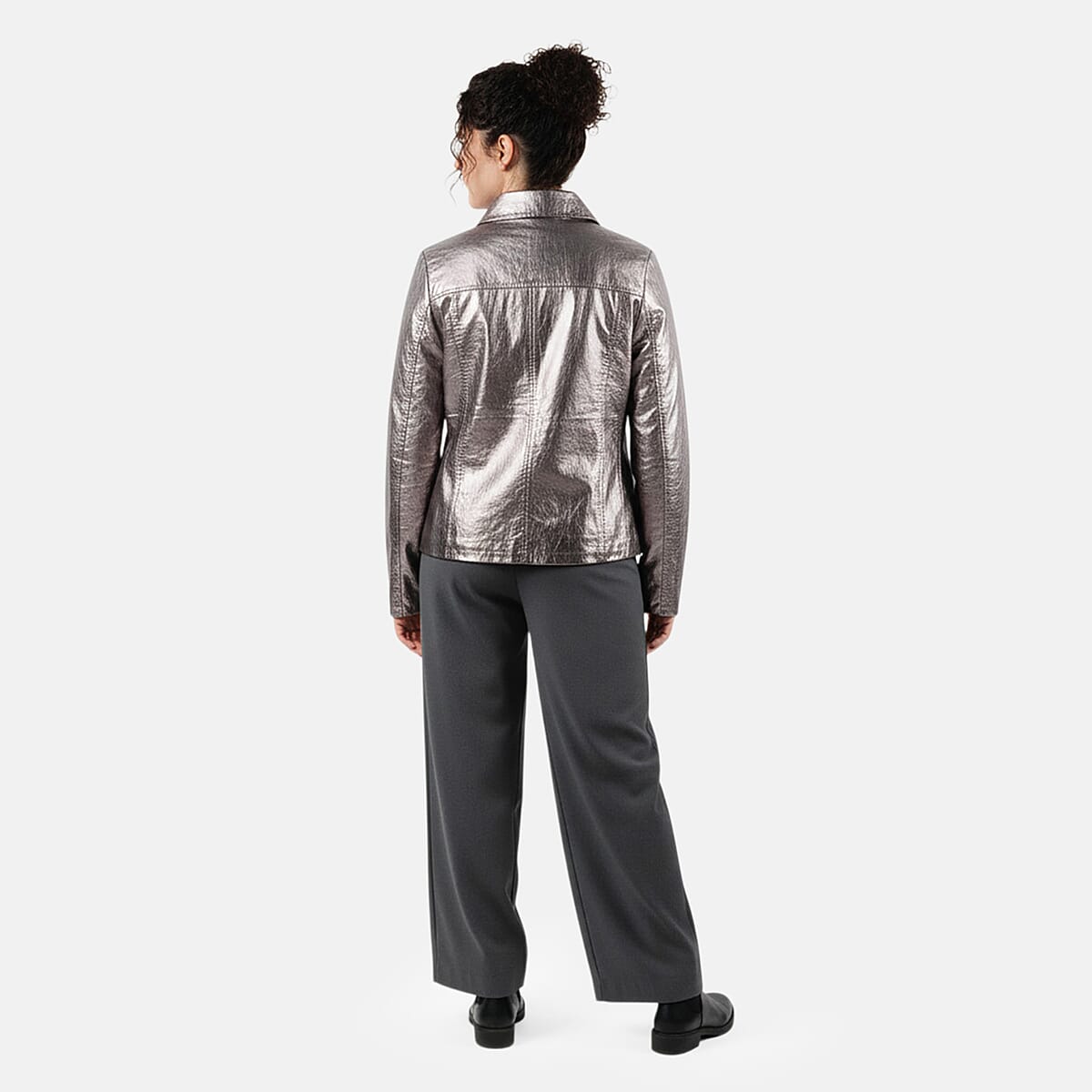  La Marey Pewter Metallic Genuine Leather Women's Jacket with Collar and Zip Front Closure - L image number 1