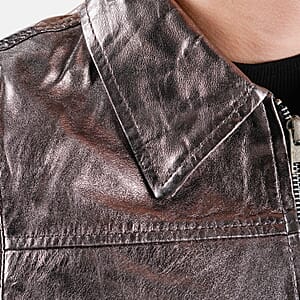  La Marey Pewter Metallic Genuine Leather Women's Jacket with Collar and Zip Front Closure - L