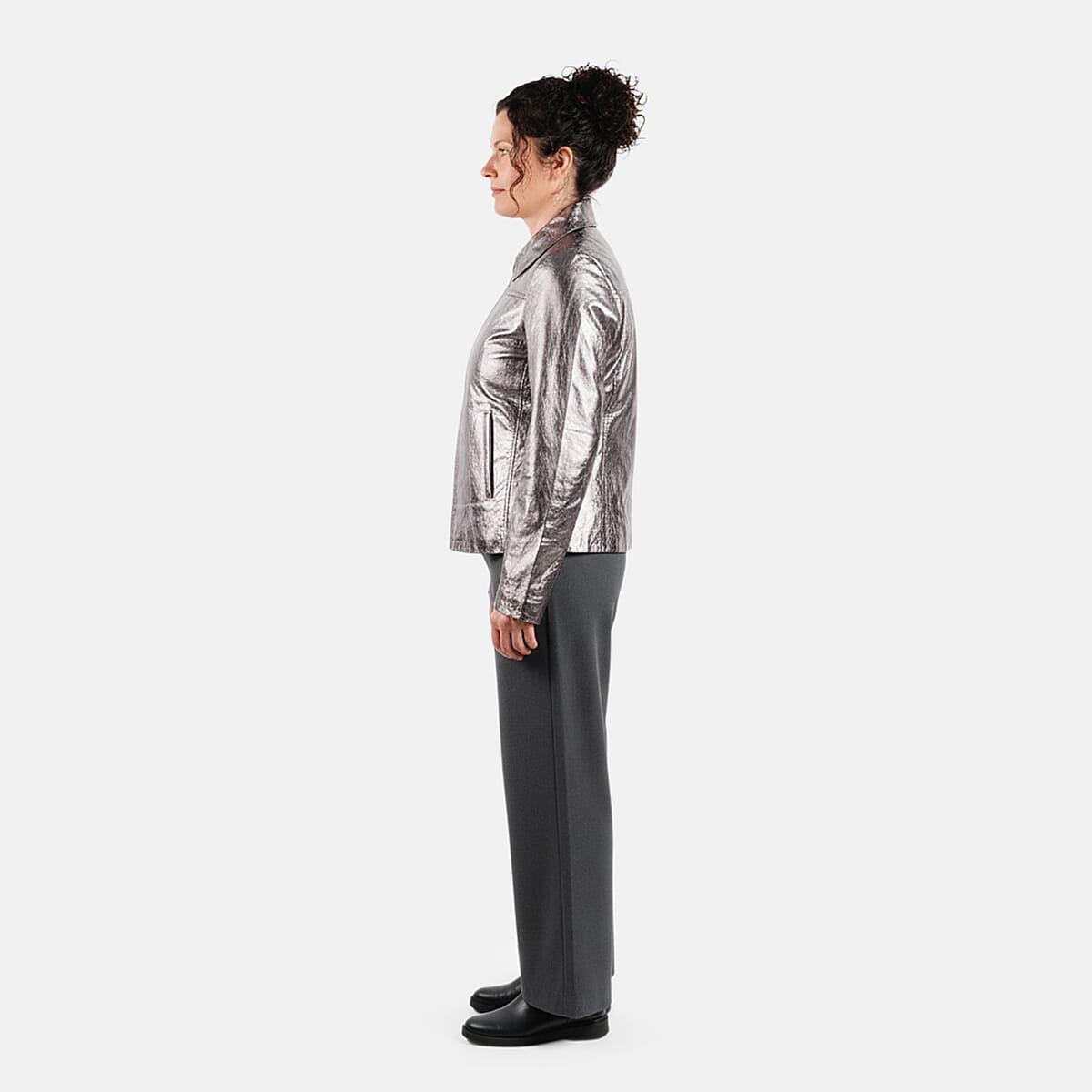  La Marey Pewter Metallic Genuine Leather Women's Jacket with Collar and Zip Front Closure - XL image number 2