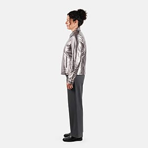  La Marey Pewter Metallic Genuine Leather Women's Jacket with Collar and Zip Front Closure - XL