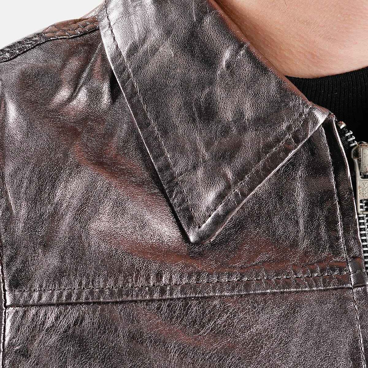  La Marey Pewter Metallic Genuine Leather Women's Jacket with Collar and Zip Front Closure - XL image number 3