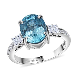 AAA Cambodian Blue Zircon and G-H SI Luxuriant Lab Grown Diamond 4.50 ctw Ring in 10K White Gold (Size 6.0)