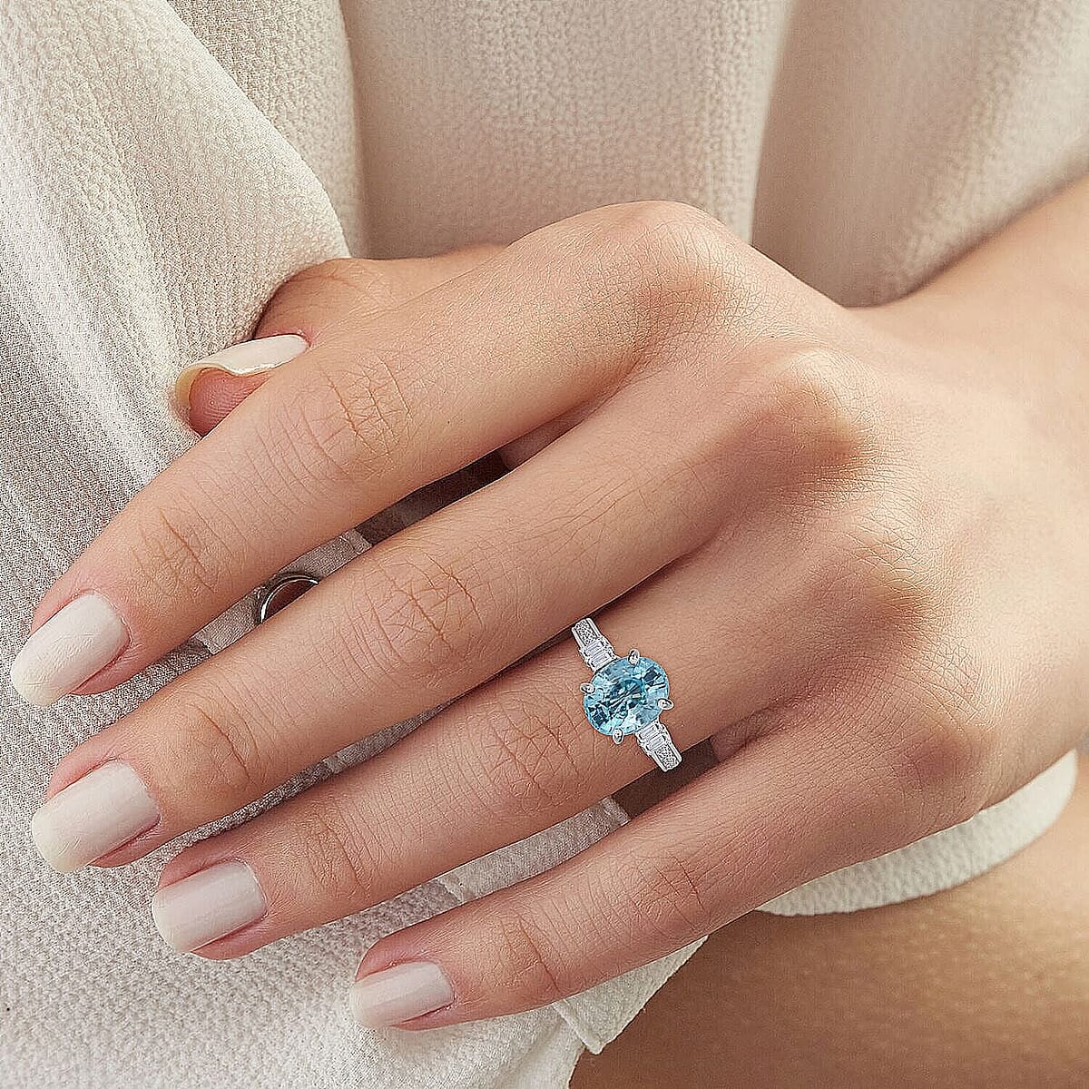 AAA Cambodian Blue Zircon and G-H SI Luxuriant Lab Grown Diamond 4.50 ctw Ring in 10K White Gold (Size 6.0) image number 2