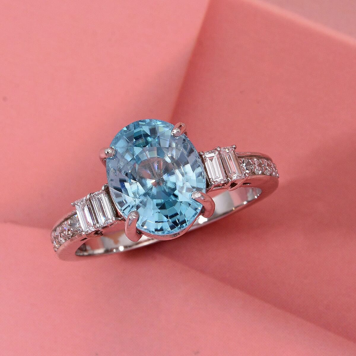AAA Cambodian Blue Zircon and G-H SI Luxuriant Lab Grown Diamond 4.50 ctw Ring in 10K White Gold (Size 7.0) image number 1