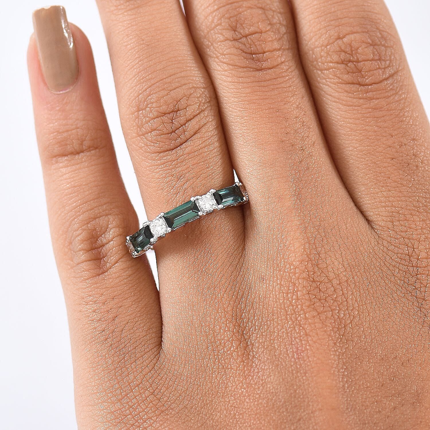 Certified & Appraised Premium Pirineu Lagoon Tourmaline and Luxuriant Diamond G-H SI 1.50 ctw Ring in 10K White Gold (Size 6.5)
