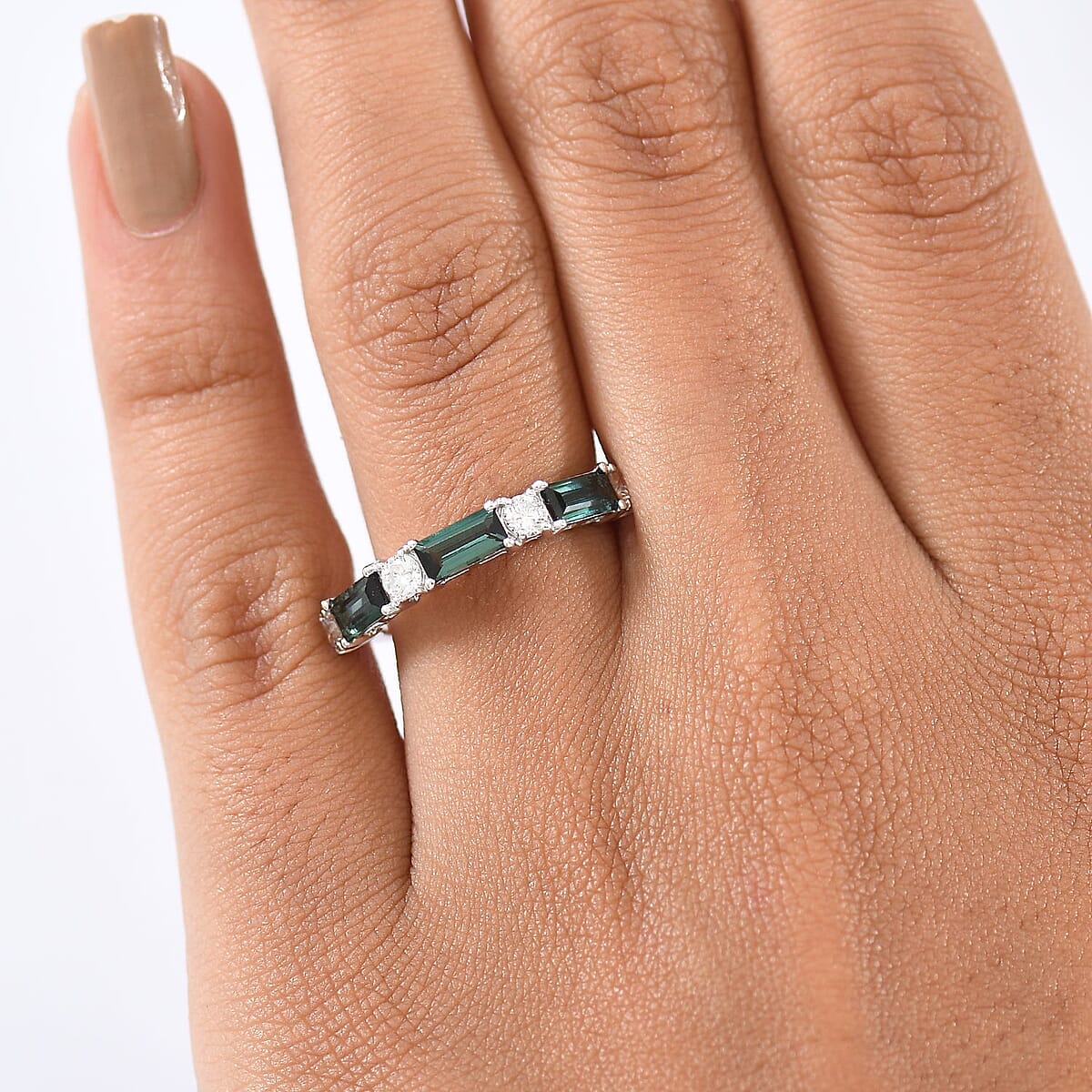 Certified & Appraised Premium Pirineu Lagoon Tourmaline and Luxuriant Diamond G-H SI 1.50 ctw Ring in 10K White Gold (Size 8.0) image number 2