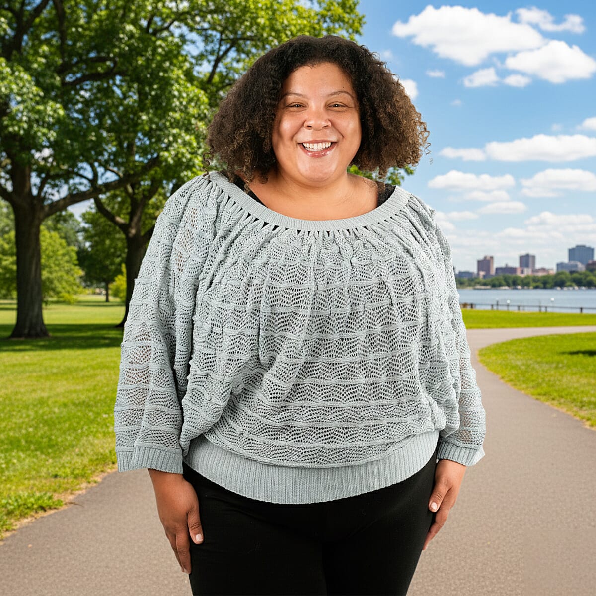 BCBG Gray Convertible Open Knit Blouse - S image number 1