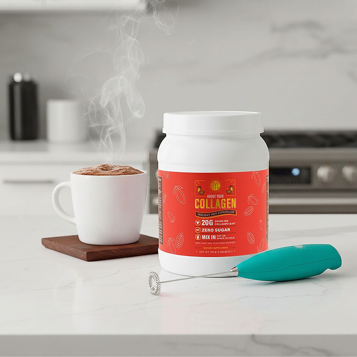 About Your Collagen Grass Fed Collagen I & II Dietary Supplement with Electric Frother (25.45oz) -Holiday Hot Chocolate image number 1