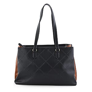 Closeout Loume Black Faux Leather Logo Tote Bag (16x6.6x11)