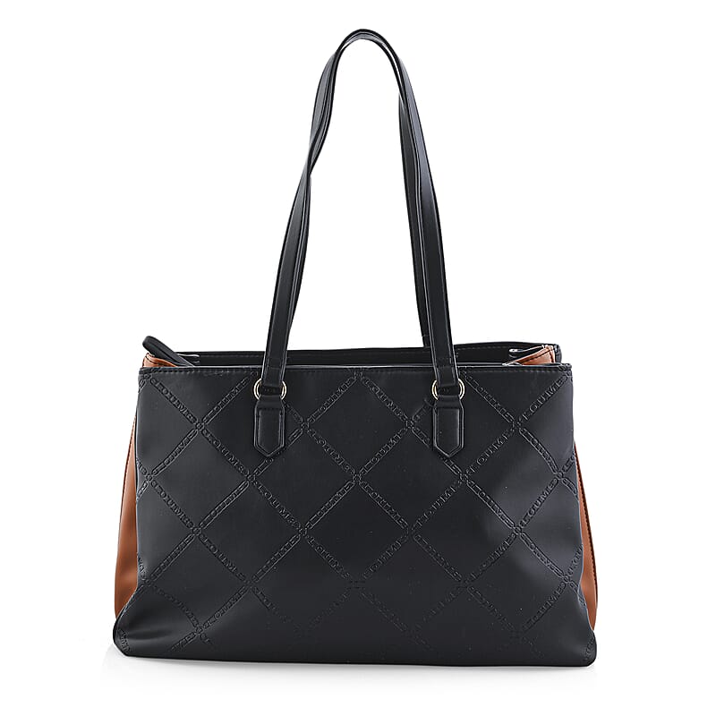 Closeout Loume Black Faux Leather Logo Tote Bag (16x6.6x11)
