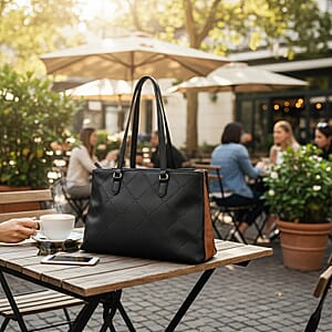 Closeout Loume Black Faux Leather Logo Tote Bag (16x6.6x11)