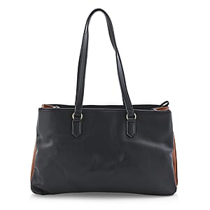 Closeout Loume Black Faux Leather Logo Tote Bag (16x6.6x11)