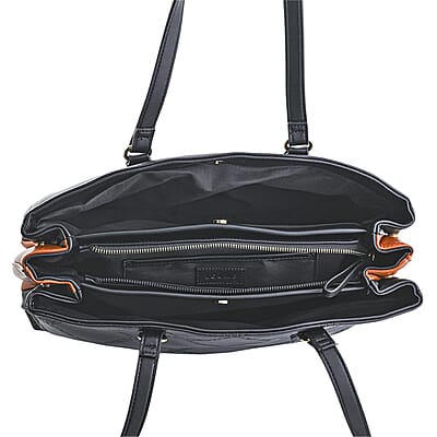 Closeout Loume Black Faux Leather Logo Tote Bag (16x6.6x11)