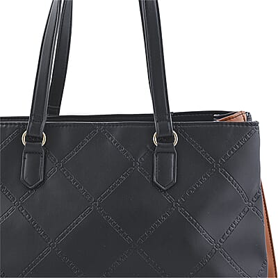 Closeout Loume Black Faux Leather Logo Tote Bag (16x6.6x11)