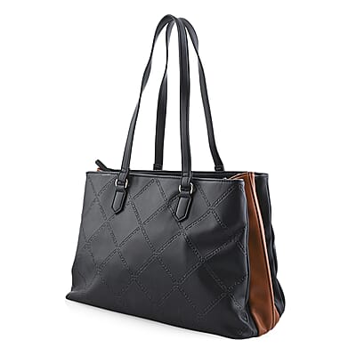 Closeout Loume Black Faux Leather Logo Tote Bag (16x6.6x11)