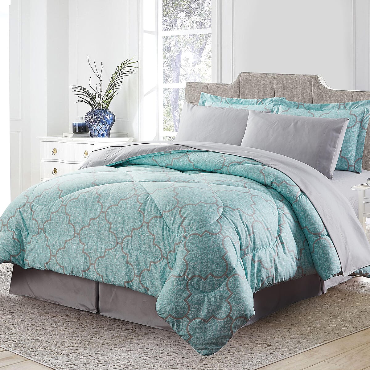 Bibb Home 8pc Aqua & Gray Trellis Down Alternative Bed in a Bag Set - King image number 0