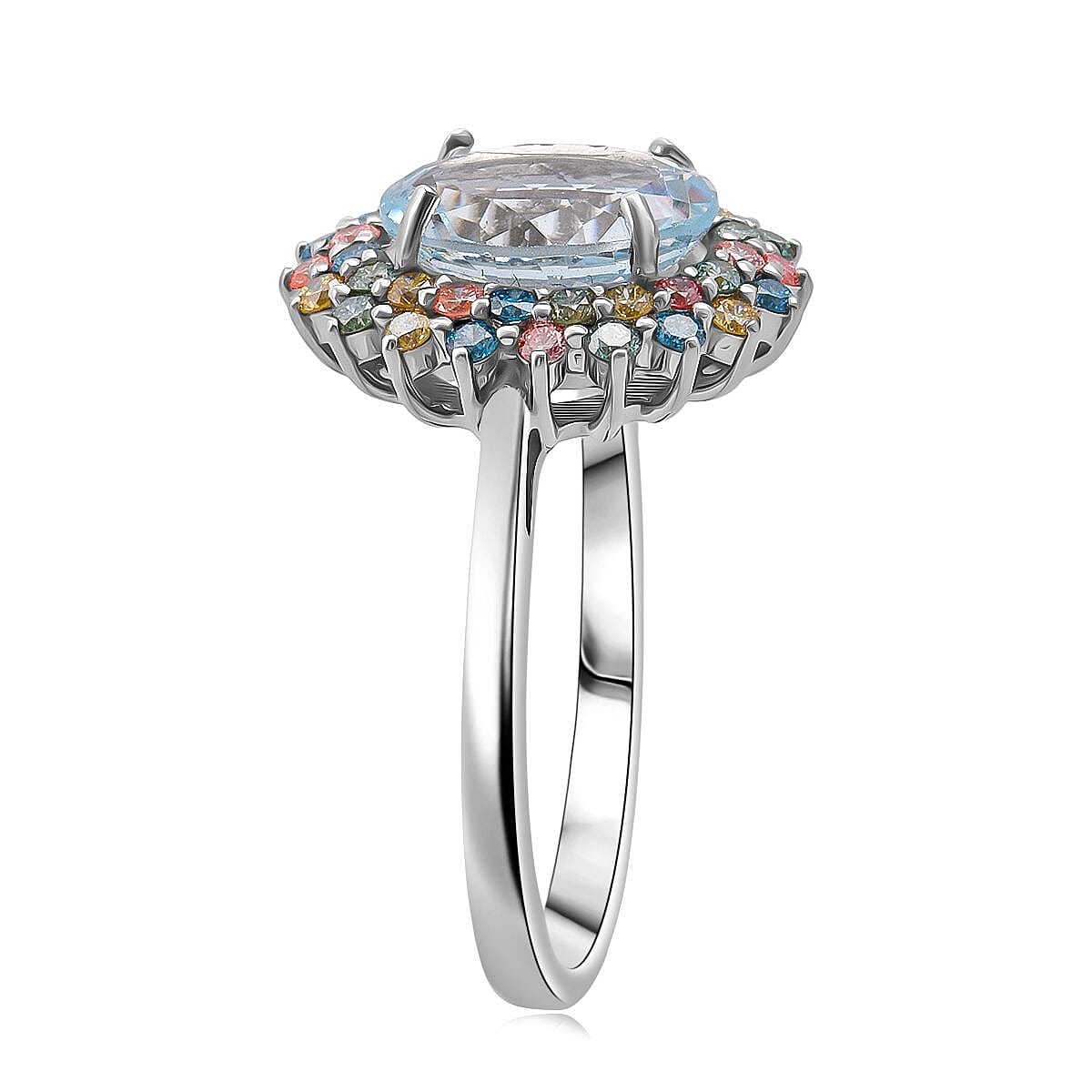 AAA Mangoro Aquamarine and SI Luxuriant Lab Grown Multi Diamond 2.90 ctw Ring in Rhodium Over Sterling Silver (Size 10.0) image number 3