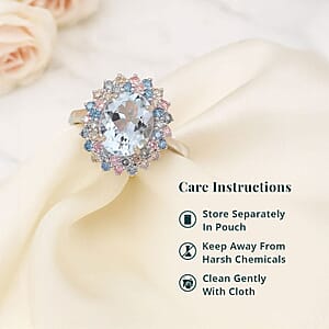 AAA Mangoro Aquamarine and SI Luxuriant Lab Grown Multi Diamond 2.90 ctw Aurora Blossom Ring in Rhodium Over Sterling Silver (Size 7.0)