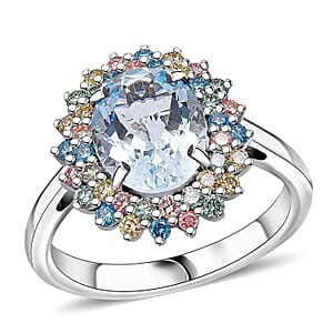 AAA Mangoro Aquamarine, Lab Grown Multi Diamond Aurora Blossom Ring in Rhodium Over Sterling Silver 2.90 ctw (Size 9.0)