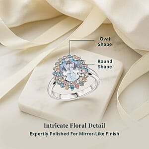 AAA Mangoro Aquamarine, Lab Grown Multi Diamond Aurora Blossom Ring in Rhodium Over Sterling Silver 2.90 ctw (Size 9.0)
