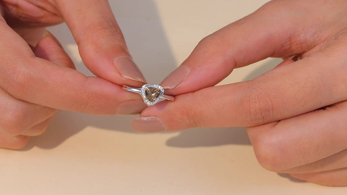 D'Joy Golden Turkizite ,  Moissanite  Main Stone With Side Stone Ring in Rhodium OverSterling Silver 0.96 ctw