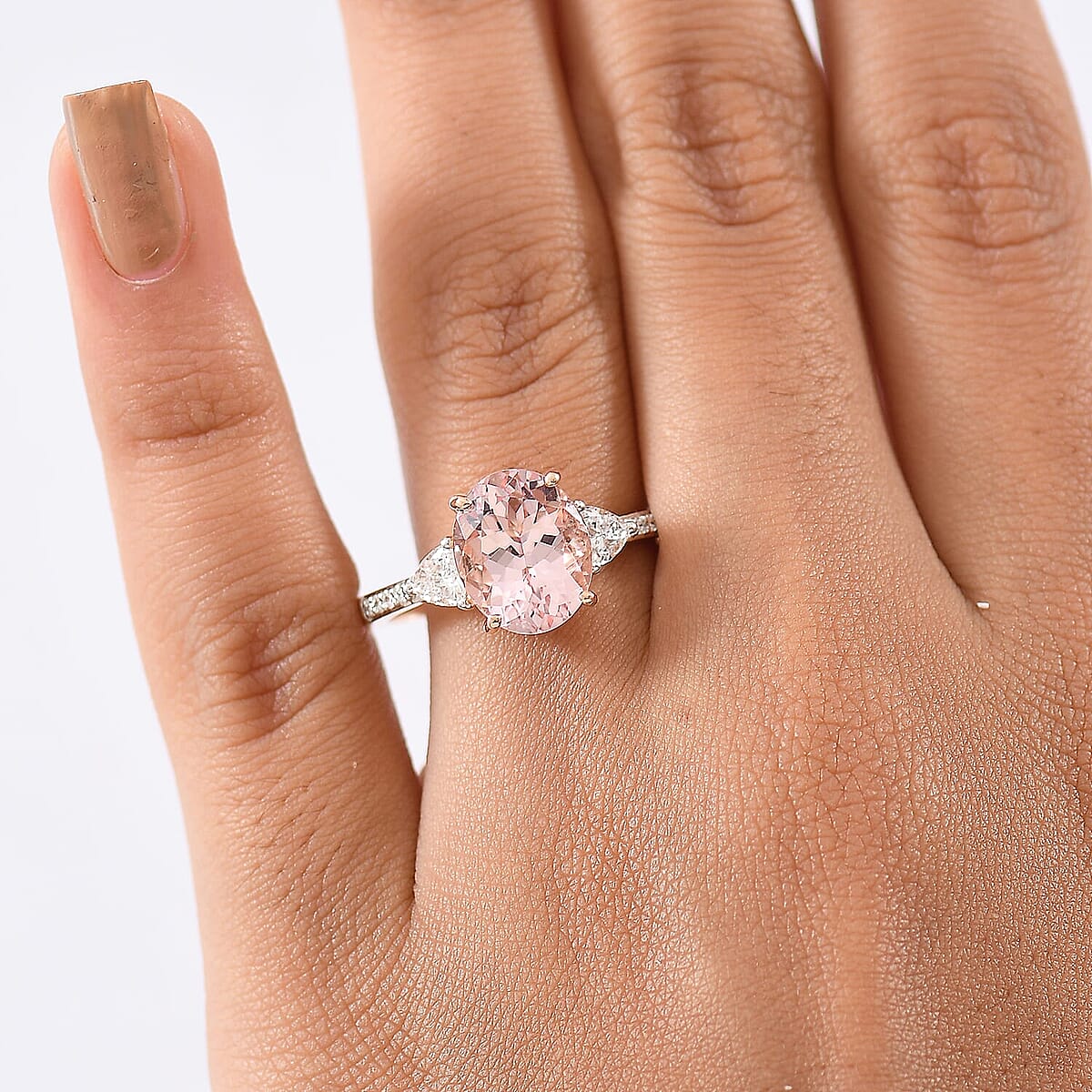 Epic Deal 10K Rose Gold AAA Pink Morganite, Luxuriant Lab Grown Diamond (E-F, VS) (0.35 cts) Crown Jewel Ring (Size 10.0) 3.70 ctw image number 2