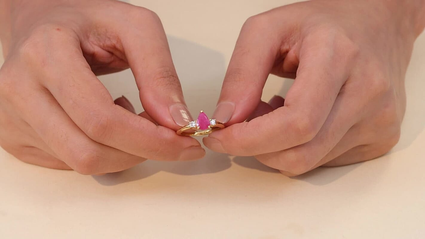 AAA Royal Ruby and Luxuriant Lab Grown Diamond G-H SI 1.70 ctw Ring in 18K Vermeil Yellow Gold Over Sterling Silver