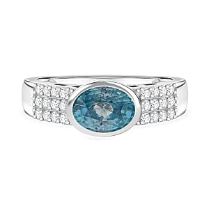 D'Joy Blue Zircon and Moissanite 2.46 ctw Ring in Rhodium Over Sterling Silver (Size 8.0)