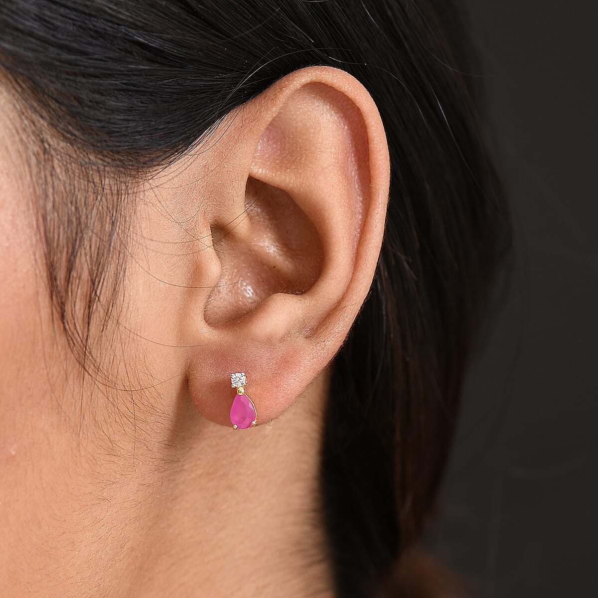 AAA Royal Ruby and Luxuriant Lab Grown Diamond G-H SI 1.15 ctw Stud Earrings in 18K Vermeil Yellow Gold Over Sterling Silver image number 2