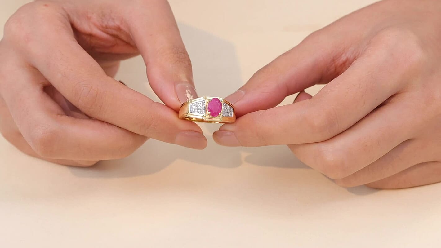 D'Joy AAA Royal Ruby and Diamond 2.00 ctw Men's Ring in 18K Vermeil Yellow Gold Over Sterling Silver