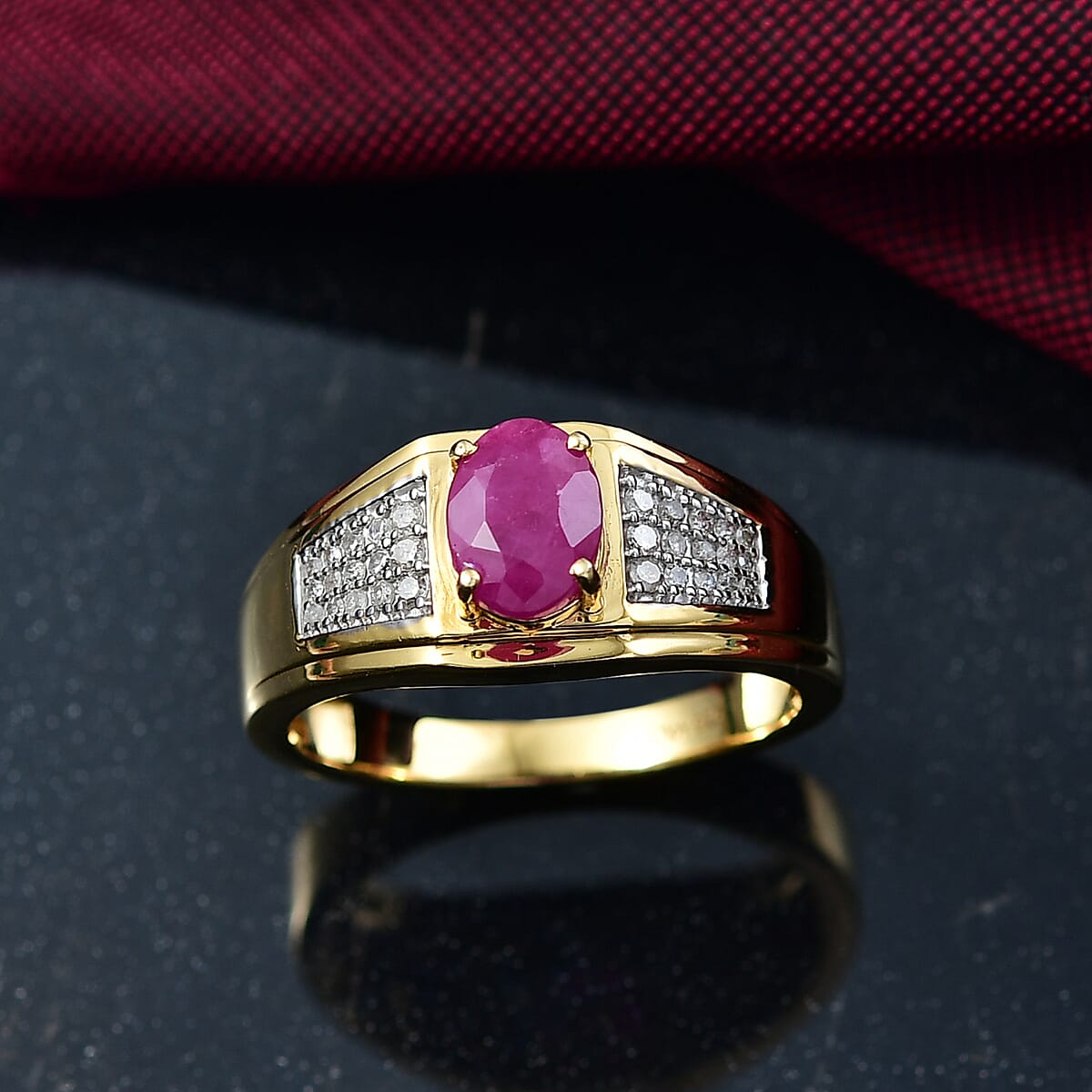 D'Joy AAA Royal Ruby and Diamond 2.00 ctw Men's Ring in 18K Vermeil Yellow Gold Over Sterling Silver image number 1