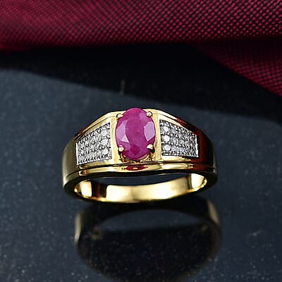 D'Joy AAA Royal Ruby and Diamond 2.00 ctw Men's Ring in 18K Vermeil Yellow Gold Over Sterling Silver (Size 10.0)